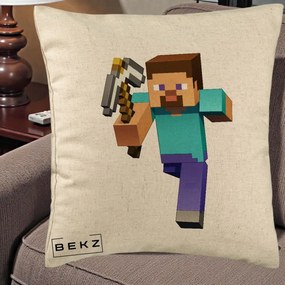 Perna Personalizata Minecraft Steve, 40x40 cm, Bej, Husa Detasabila, Perna Inclusa, BEKZ®