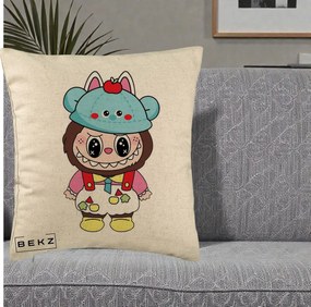 Perna Personalizata Labubu x Urs Albastru Colorat, 40x40 cm, Bej, Husa Detasabila, Perna Inclusa, BEKZ®