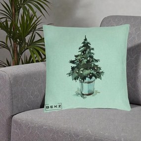 Perna Decorativa Brad in Galeata Watercolor, 40x40 cm, Verde Menta, Husa Detasabila, Perna Inclusa, BEKZ®
