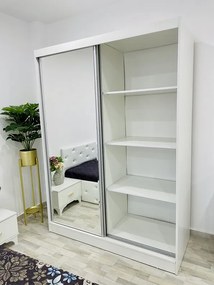 Dormitor Erika / Madrid, culoare alb, cu pat tapiterie alba 140 x 200, dulap 150 cm, comoda si 2 noptiere