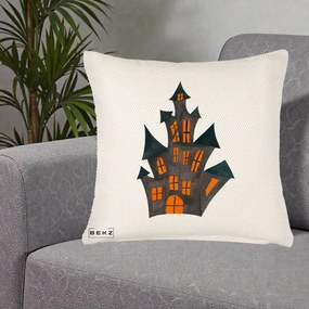 Perna Decorativa Halloween Casa Bantuita Minimalista, 40x40 cm, Crem Reliefat, Husa Detasabila, Perna Inclusa, BEKZ®