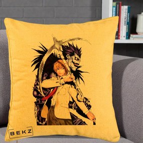 Perna Personalizata Death Note Light si Ryuk Duo, 40x40 cm, Galben, Husa Detasabila, Perna Inclusa, BEKZ®