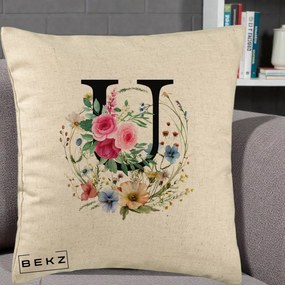 Cadou Personalizat - Perna Personalizata Monogram Litera U cu Flori Acuarela, 40x40 cm, Bej, Husa Detasabila, Perna Inclusa, BEKZ®