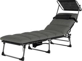 Outsunny Șezlong 5 poziții reglabil, cu copertină, pernă, suport pentru cap și buzunar lateral, 190x57x30cm, Gri închis | Aosom Romania