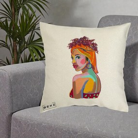 Perna Decorativa Portret Femeie Colorat Pop Art, 40x40 cm, Ecru, Husa Detasabila, Perna Inclusa, BEKZ®