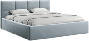 Pat matrimonial albastru deschis tapițat din catifea cu spațiu de depozitare cu somieră 140x200 cm Hiko – Makamii