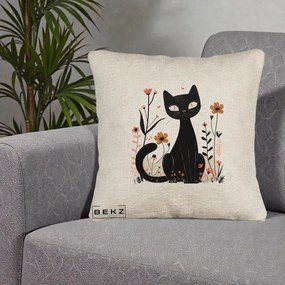 Perna Decorativa Pisica Neagra Flori Pastel Folk, 40x40 cm, Bej Canapea, Husa Detasabila, Perna Inclusa, BEKZ®