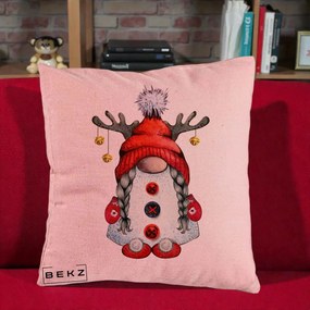 Perna Decorativa Pitic Gnom Craciun cu Coarne de Ren, 40x40 cm, Roz, Husa Detasabila, Perna Inclusa, BEKZ®