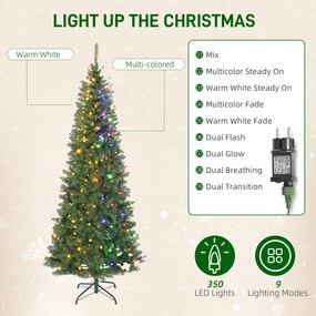 HOMCOM Pom de Crăciun Artificial de 210 cm cu Lumini Incorporate Albe și Colorate în 9 Moduri și 1273 Ramuri Ignifuge, Brad de Crăciun Realist și Des cu Bază Metalică Pliabilă pentru Acasă | Aosom Romania