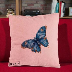 Perna Decorativa Fluture Albastru Satin cu Pete Aurii, 40x40 cm, Roz, Husa Detasabila, Perna Inclusa, BEKZ®
