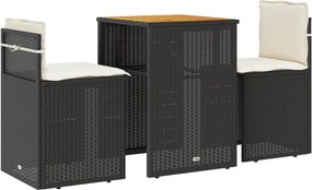 vidaXL Set bistro cu perne, 3 piese, negru, poliratan