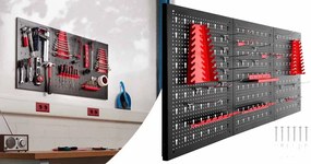 Panou metalic de perete pentru unelte cu carlige si rafturi