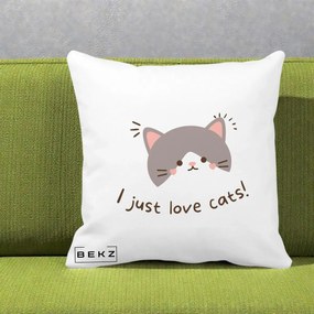 Perna Personalizata I Just Love Cats Pisica Kawaii, 40x40 cm, Alba Mata, Husa Detasabila, Perna Inclusa, BEKZ®