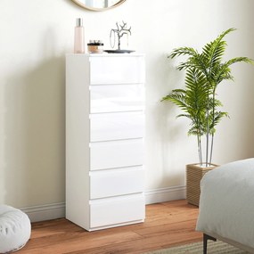 HOMCOM Comodă 6 sertare cu luciu înalt, mobilier de depozitare îngust fără mânere, 40 x 35 x 109 cm, alb | Aosom Romania
