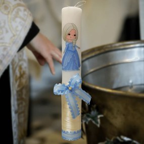 Lumanare botez decorata Printesa alb albastra 4,5 cm, 30 cm