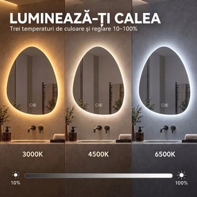 HOMCOM Oglindă de baie cu LED, 3 culori, 50x70 cm, neregulată, Bluetooth, anti-aburire, touch | Aosom Romania