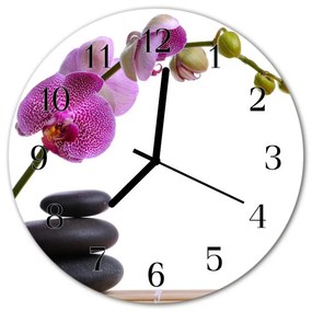 Ceas de perete din sticla rotund Orchid Flori și plante roz