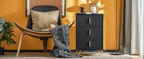 NON12 - Set 2x Noptiere negre 40x40x63cm, riflaje, cu 3 sertare, dormitor - Negru-Auriu