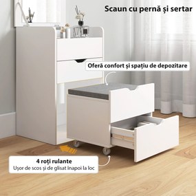 HOMCOM Stație de Machiaj 3 în 1 cu Oglindă Rabatabilă, Scaun Ascuns, Toaletă de Machiaj cu Scaun Tapițat pe Roți, 3 Sertare, Blat din Sticlă Transparentă, Compartiment, Compact, Alb | Aosom Romania