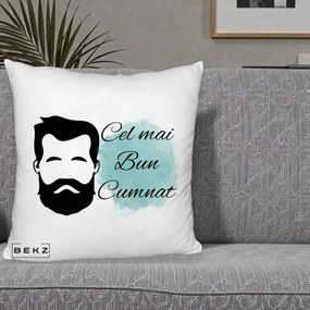 Cadou pentru Cumnat - Perna Personalizata Cel mai Bun Cumnat cu Portret Barbat si Pete Teal, 40x40 cm, Alb Pufos, Husa Detasabila, Perna Inclusa, BEKZ®