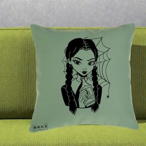 Perna Personalizata Wednesday cu Panza de Paianjen, 40x40 cm, Verde, Husa Detasabila, Perna Inclusa, BEKZ®
