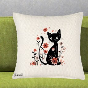 Perna Decorativa Pisica Neagra Flori Roz si Inimi, 40x40 cm, Crem Reliefat, Husa Detasabila, Perna Inclusa, BEKZ®
