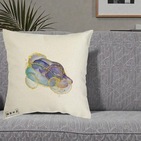 Perna Decorativa Abstract Acuarela Albastru-Mov cu Cercuri Aurii, 40x40 cm, Ecru, Husa Detasabila, Perna Inclusa, BEKZ®