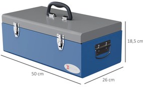 DURHAND Caisse boite à outils en métal transportable cu 3 mânere, 2 încuietori, dim. 50L x 26l x 18,5H cm, bleu | Aosom Romania