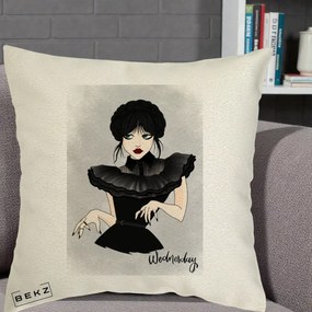 Perna Personalizata Wednesday Addams Portret Gotic, 40x40 cm, Ecru, Husa Detasabila, Perna Inclusa, BEKZ®