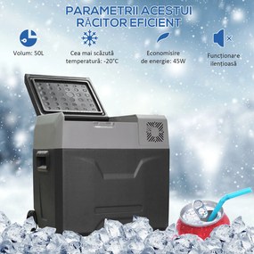 HOMCOM Frigider Auto de 50L cu Panou Touch, Mâner și 2 Roți, 58.6x37.8x54.5 cm, Gri | Aosom Romania