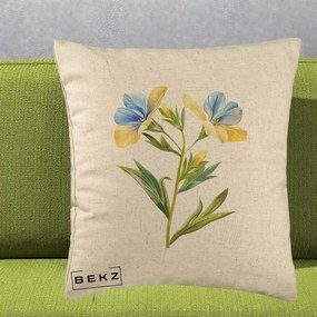 Perna Decorativa Botanica Frezie Galbena si Albastra, 40x40 cm, Bej, Husa Detasabila, Perna Inclusa, BEKZ®