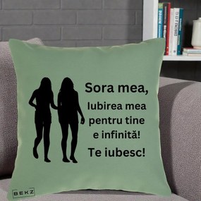 Cadou pentru Sora - Perna Personalizata Sora Mea Te Iubesc Siluete Negre Tinand Maini, 40x40 cm, Verde, Husa Detasabila, Perna Inclusa, BEKZ®
