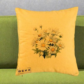 Perna Decorativa Buchet Margarete Albe Acuarela, 40x40 cm, Galben, Husa Detasabila, Perna Inclusa, BEKZ®