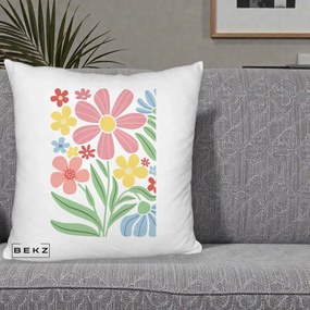 Perna Decorativa Flori Grafice Roz Pastel, 40x40 cm, Alb Pufos, Husa Detasabila, Perna Inclusa, BEKZ®