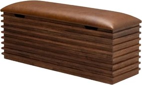 Banchetă din piele naturală cu structură și spațiu de depozitare din lemn de acacia, maro antichizat, finisaj lucios, 110×40,5×36 cm, „Leya"