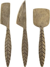 Set 3 ustensile pentru brânză din metal, alamă, mânere în formă de frunză cu desen în relief, finisaj lăcuit, 19 x 5 cm, „Citra”