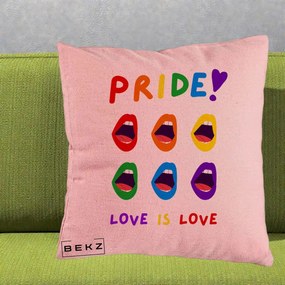 Perna Personalizata Pride Love is Love Curcubeu, 40x40 cm, Roz, Husa Detasabila, Perna Inclusa, BEKZ®