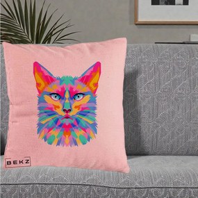 Perna Decorativa Pisica Pop Art Multicolor, 40x40 cm, Roz, Husa Detasabila, Perna Inclusa, BEKZ®