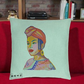 Perna Decorativa Portret Femeie Africana, 40x40 cm, Verde Menta, Husa Detasabila, Perna Inclusa, BEKZ®