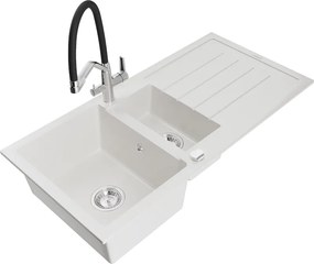 Mexen Andres chiuvetă granit 1,5 camere cu scurgător și baterie bucătărie Duo, alb - 6515-20-671701-07