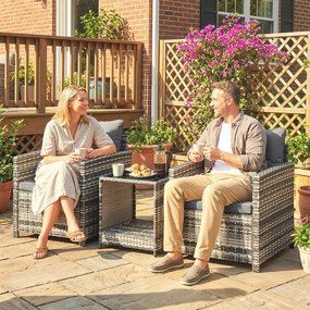 Outsunny Set mobilier exterior 3 piese din rășină împletită, masă și 2 fotolii cu perne, 62x65x75 cm, Gri deschis | Aosom Romania