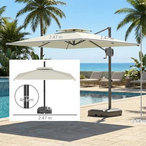 Outsunny Umbrelă cu braț lateral pătrată 2,5 x 2,5 m, umbrelă pentru grădină exterioară, dublă ventilare, înclinabilă, 2 baze, manivelă, Crem | Aosom Romania