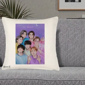 Perna Personalizata K-pop BTS Our Universe Fanart Violet Pastel, 40x40 cm, Crem Reliefat, Husa Detasabila, Perna Inclusa, BEKZ®