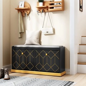 BAN247 - Bancuta hol 99 cm, banca pantofar, depozitare pantofi - Negru - Auriu