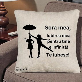 Cadou pentru Sora - Perna Personalizata Sora Mea Te Iubesc Siluete Negre cu Umbrela, 40x40 cm, Bej Canapea, Husa Detasabila, Perna Inclusa, BEKZ®