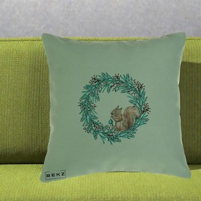 Perna Decorativa Coroana Turcoaz cu Veverita, 40x40 cm, Verde, Husa Detasabila, Perna Inclusa, BEKZ®