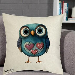 Perna Decorativa Bufnita Teal cu Doua Inimi, 40x40 cm, Ecru, Husa Detasabila, Perna Inclusa, BEKZ®