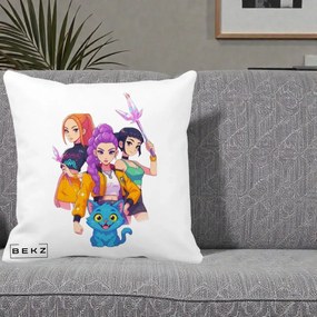 Perna Personalizata K-pop HUNTRX Trio cu Pisica si Cristale, 40x40 cm, Alba Mata, Husa Detasabila, Perna Inclusa, BEKZ®