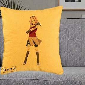 Perna Personalizata Naruto Sakura Haruno Portret, 40x40 cm, Galben, Husa Detasabila, Perna Inclusa, BEKZ®
