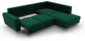 Colțar verde extensibil, cu spațiu de depozitare cu tapițerie din catifea (cu colț pe partea dreaptă-în formă de ”L”) Kyoto – Cosmopolitan Design